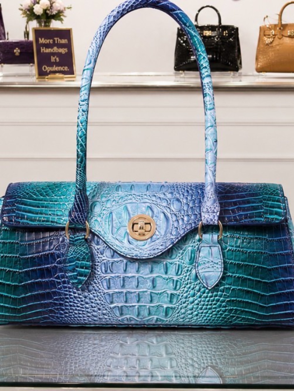 Blue-Green Croc Embossed Shoulder Bag